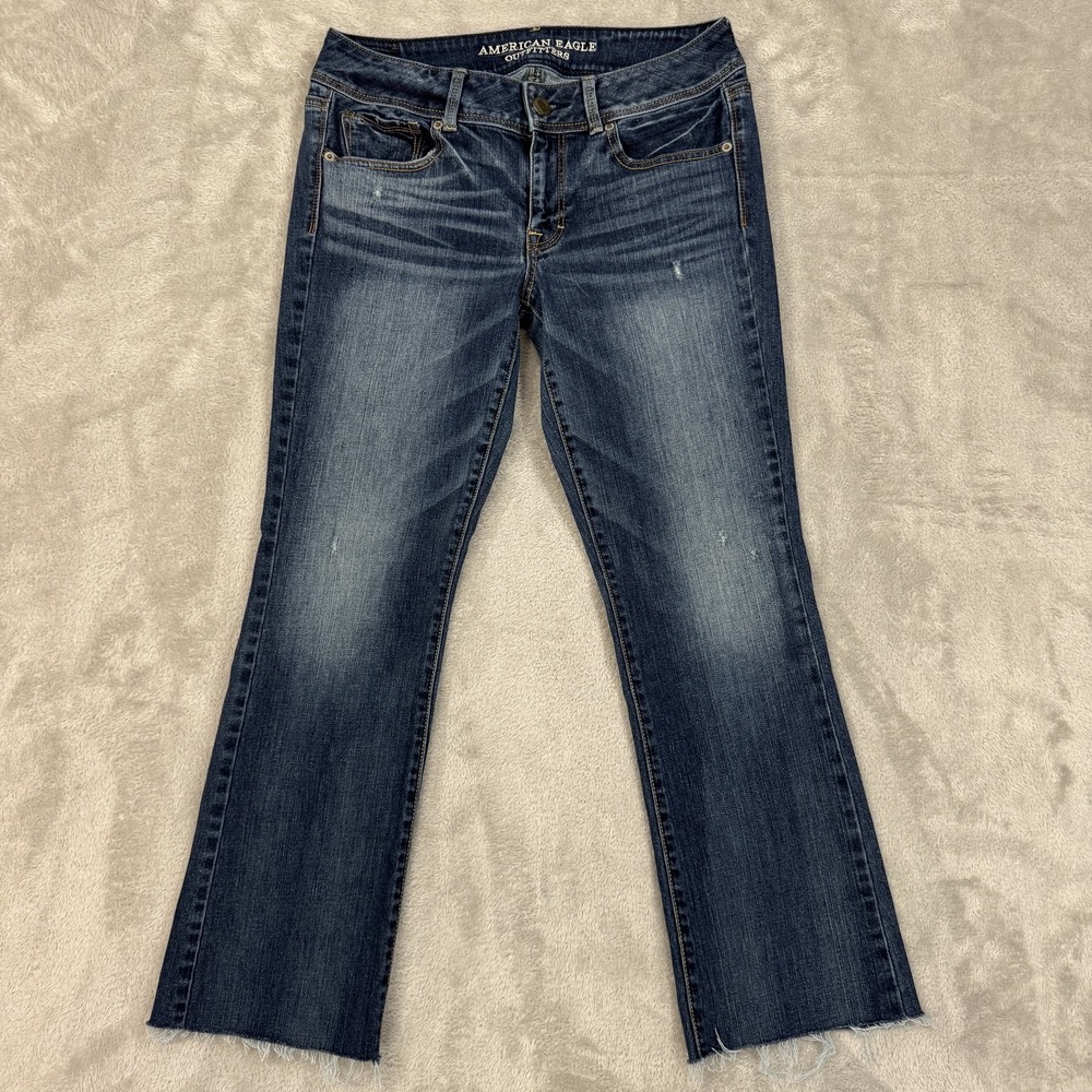 American Eagle Jeans Womens 8 Kick Boot Stretch Blue Distressed Raw Hem Bootcut‎